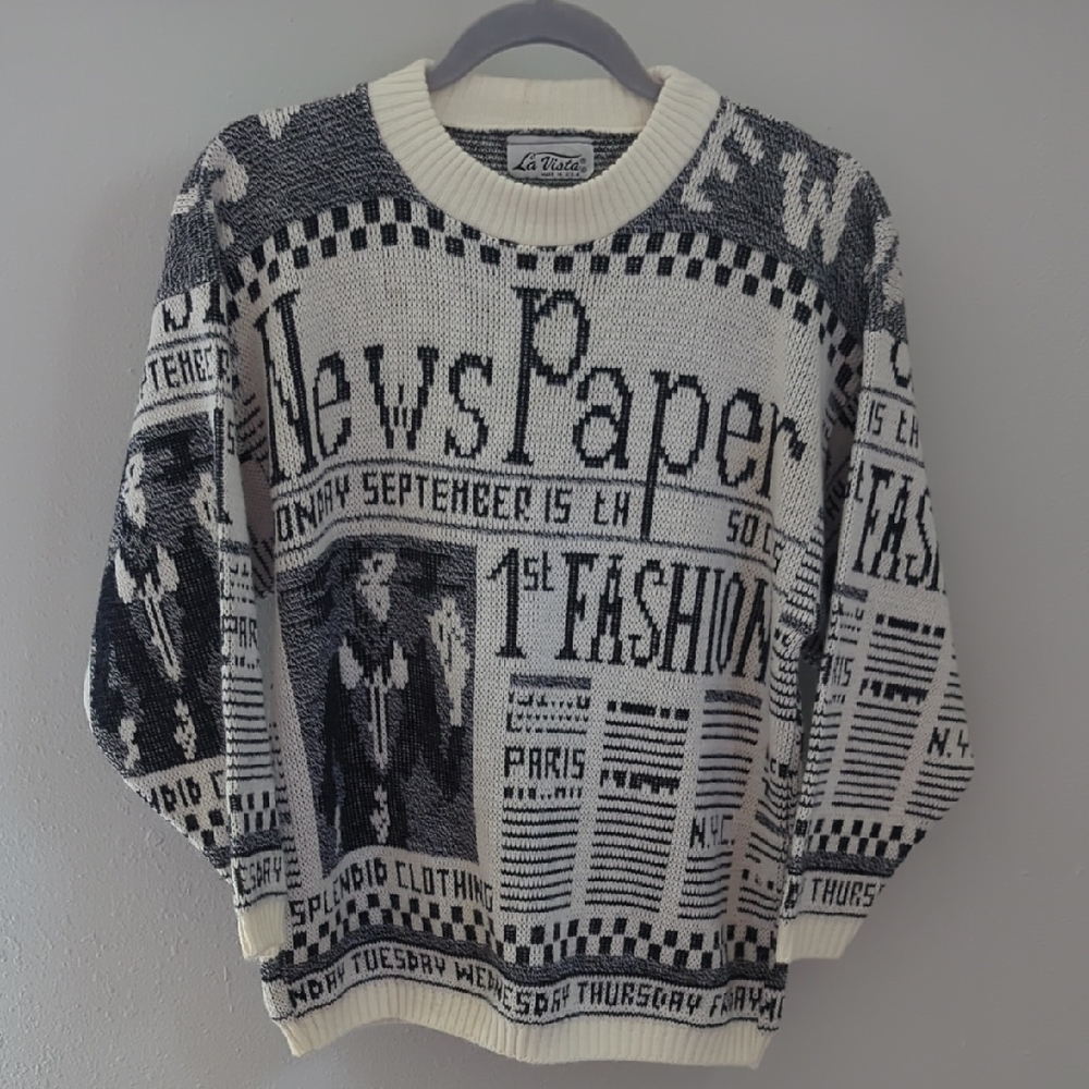Black and White Newspaper Print Men's Sweater